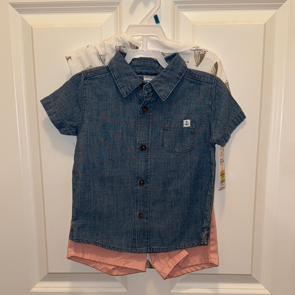 NWT, 24 month, Blue Button Down Shirt, matching sailboat, onesie, and short set